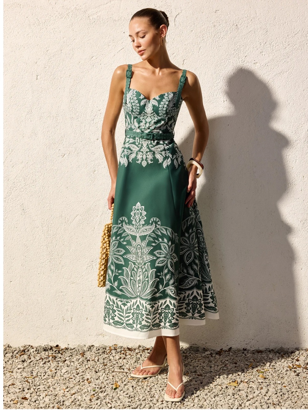 Commense Green Baroque Floral Belted Cami Maxi Dress XS | Resort Occasion Dress - Picture 3 of 6